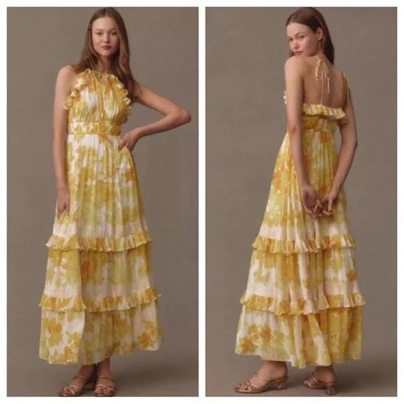 Anthropologie BHLDN Ava Yellow Ruffle Maxi Dress Chiffon Lace Women Large - Picture 1 of 15